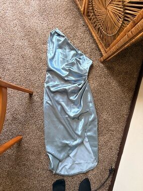 One-Shoulder Satin Midi Dress in Pale Blue